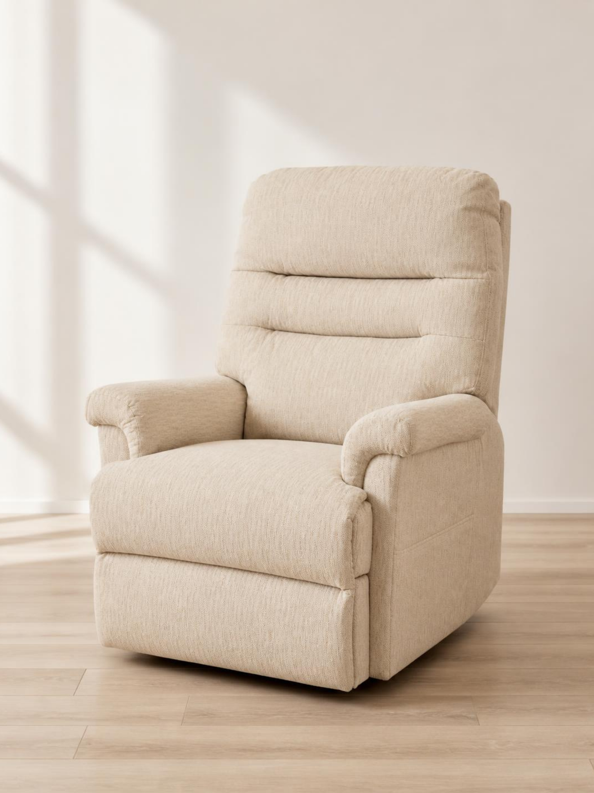 Serenity Lift & Rise Recliner Chair – Natural Beige Fabric – hero three-quarter view