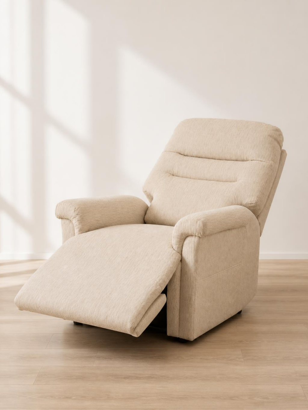 Serenity Lift & Rise Recliner Chair – Natural Beige Fabric – fully reclined with footrest raised