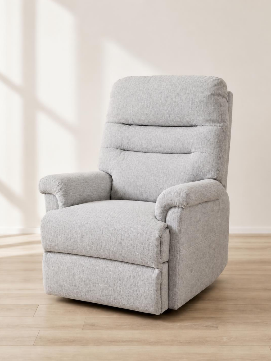 Serenity Lift & Rise Recliner Chair – Soft Silver Grey Fabric – hero three-quarter view
