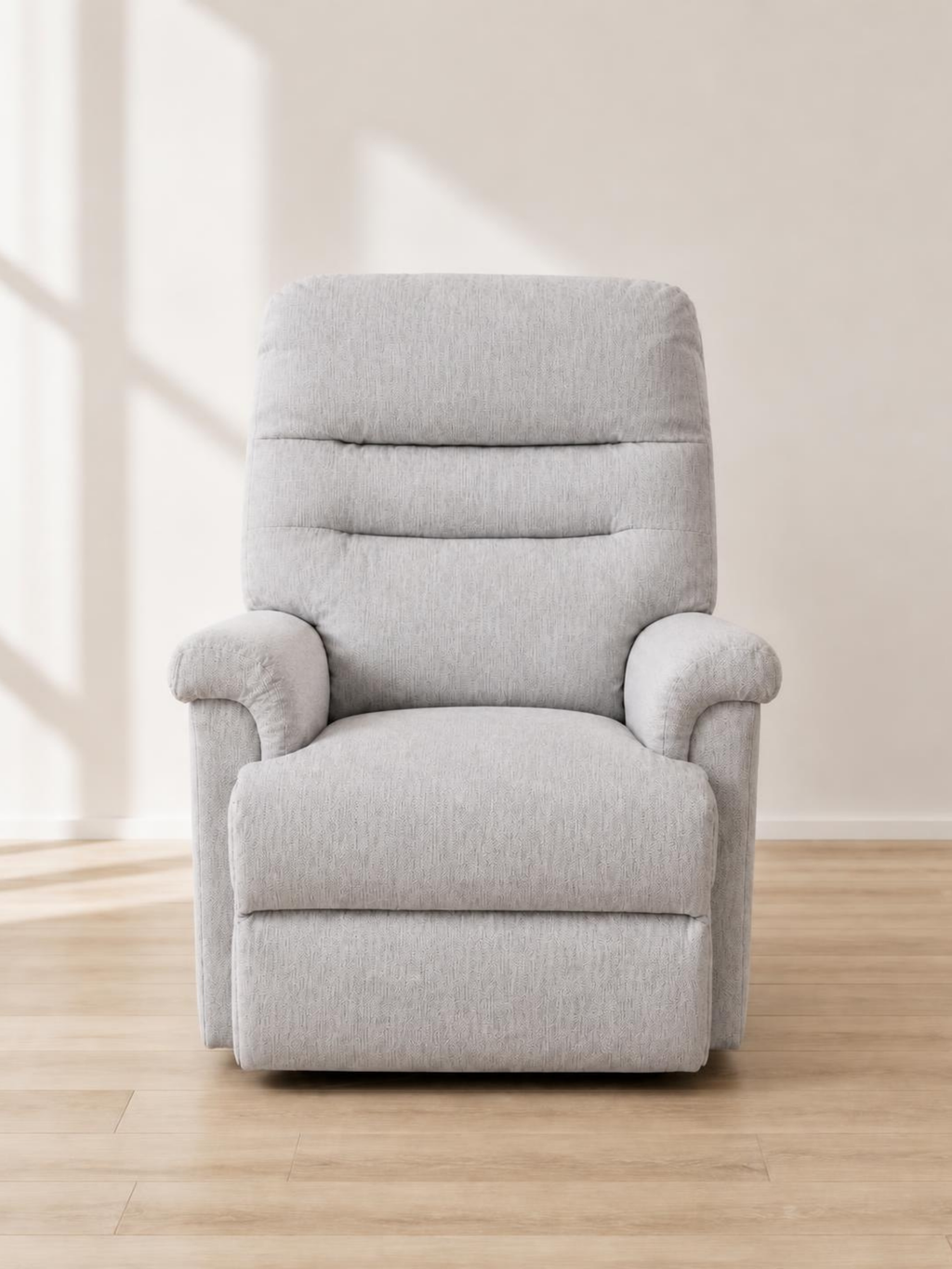 Serenity Lift & Rise Recliner Chair – Soft Silver Grey Fabric – front view