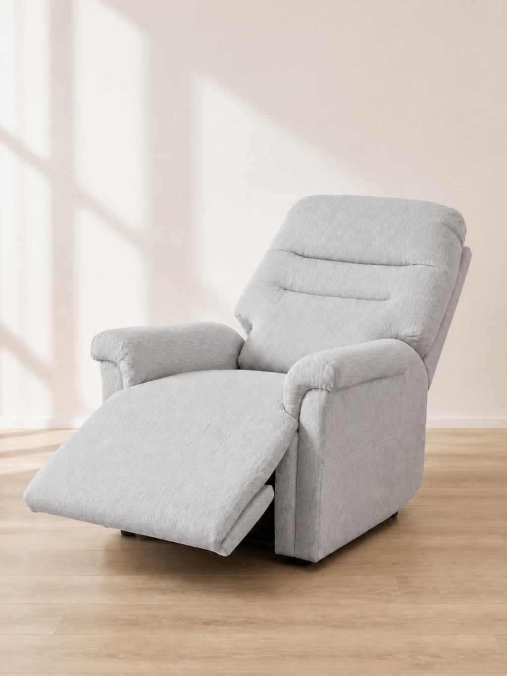 Serenity Lift & Rise Recliner Chair – Soft Silver Grey Fabric – fully reclined with footrest raised