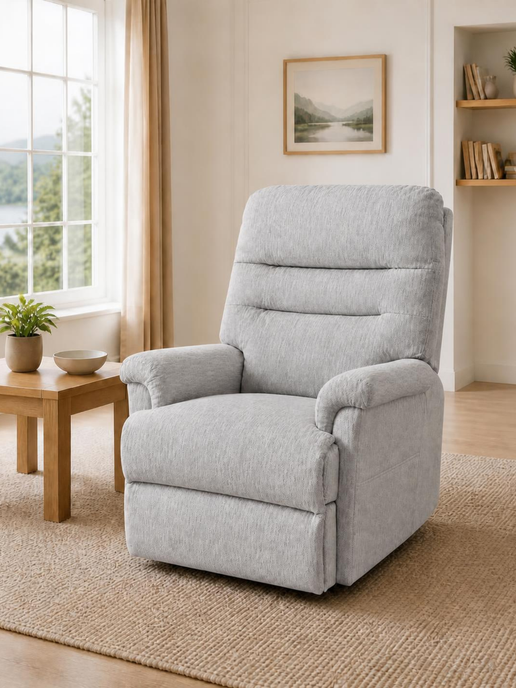Serenity Lift & Rise Recliner Chair – Soft Silver Grey Fabric – in a living room