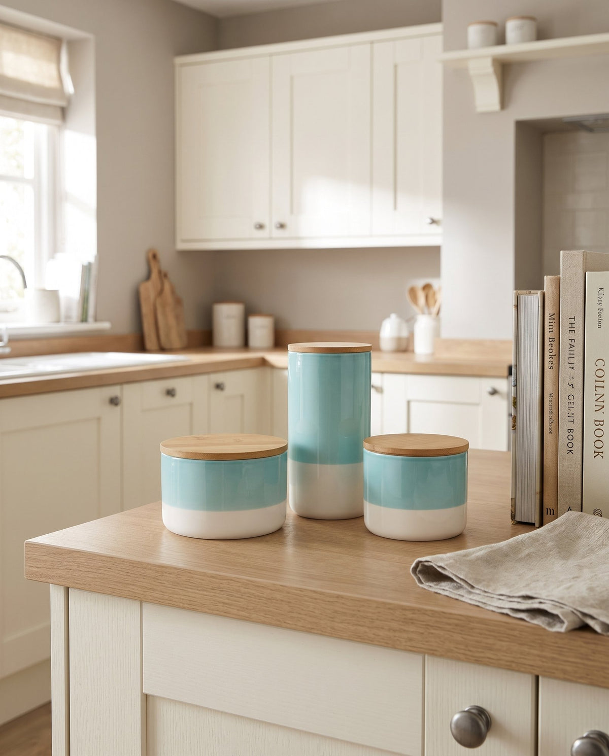 Set of Three Canisters Aqua Green Ceramic Storage Jars with Lids styled in a room