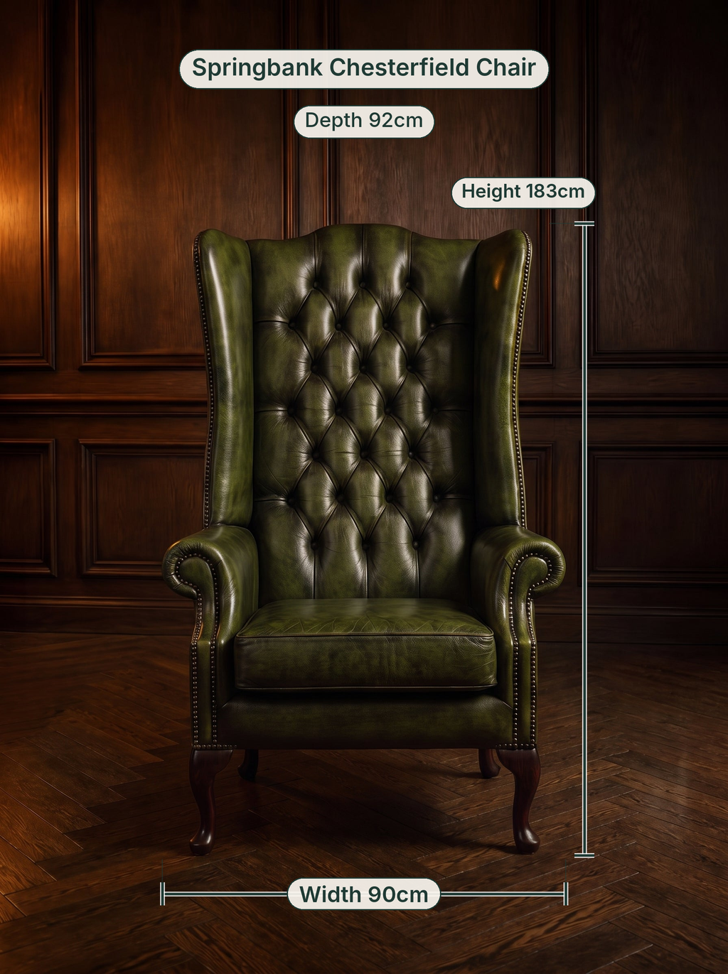 Springbank Chesterfield Chair dimensions: width 90cm, height 183cm, depth 92cm