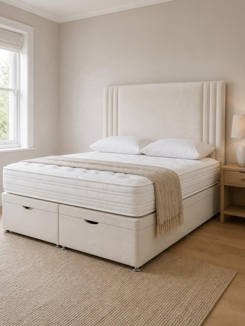 Titan Ottoman Storage Opening Divan Set & 24" HB Package Deal – in a bedroom