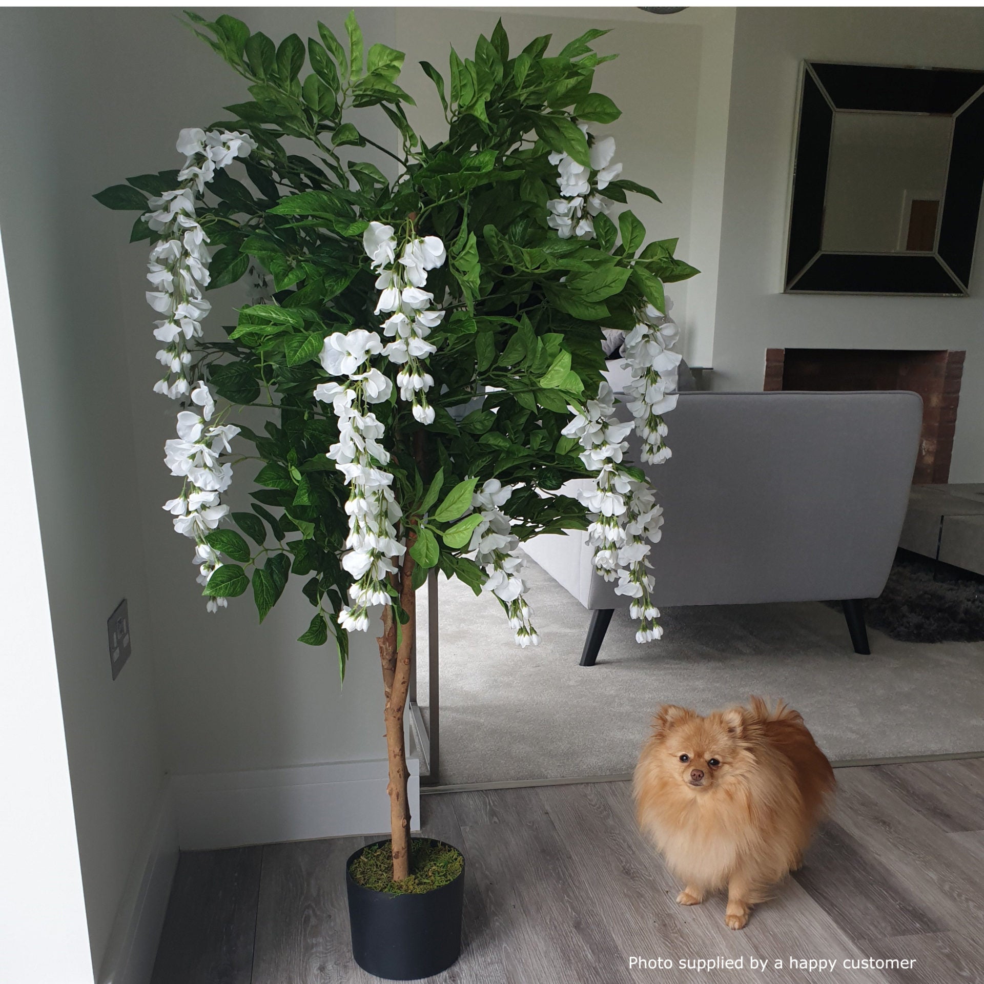 130cm Luxury Artificial Wisteria Tree White Flowers - Premium Range Gold Metal Planter