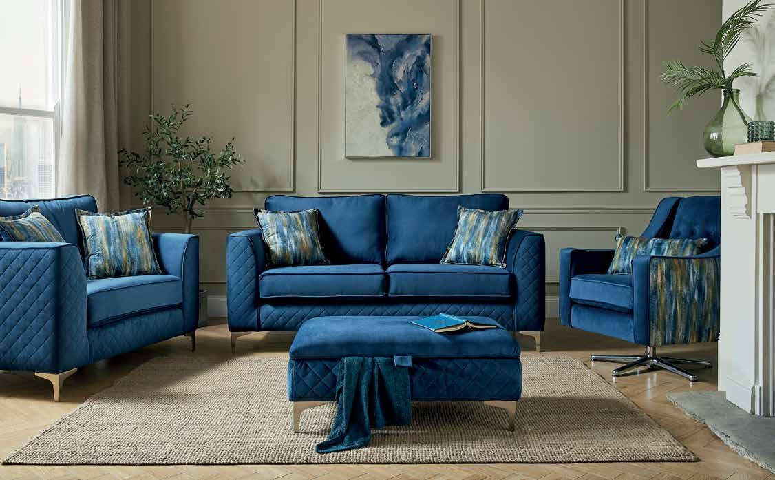 Zara quilted fabric sofa with snuggler and storage stool